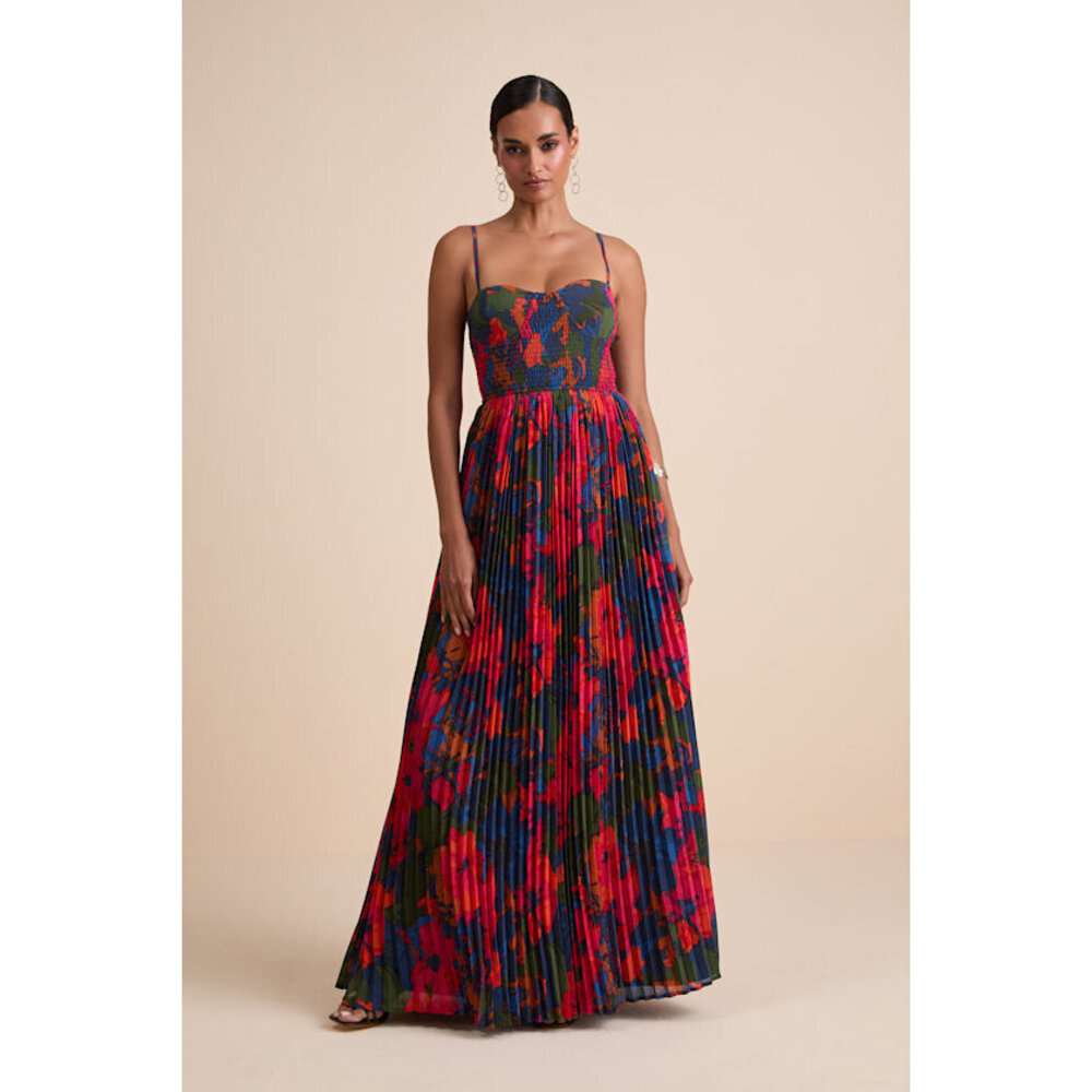 Lulus Kinleigh Red Multi Abstract Pleated Bustier Maxi Dress - Size M